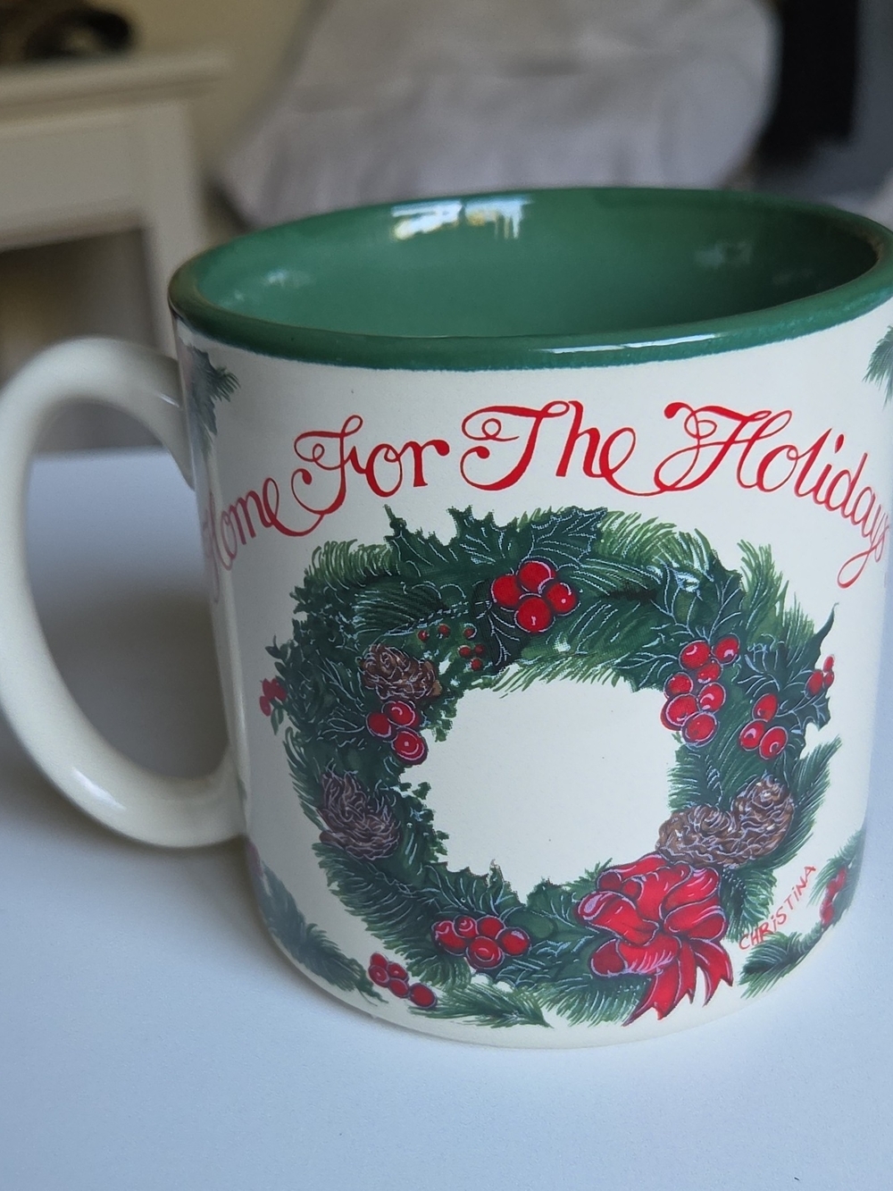 Vintage 1989 Potpourri Press Home For The Holidays Christmas Wreath Ceramic
Mug